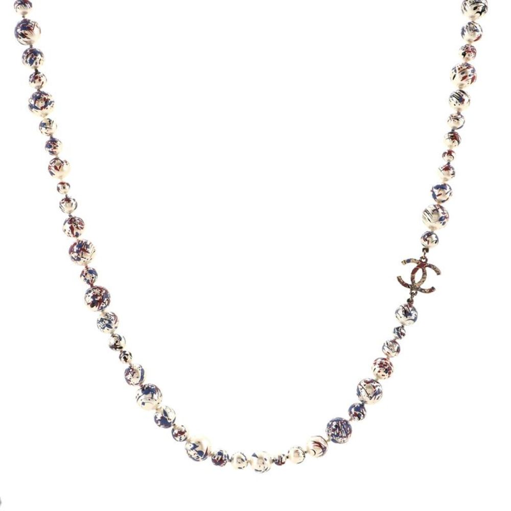Chanel CC Graffiti Paint Splatter Long Necklace Metal with Faux Pearls